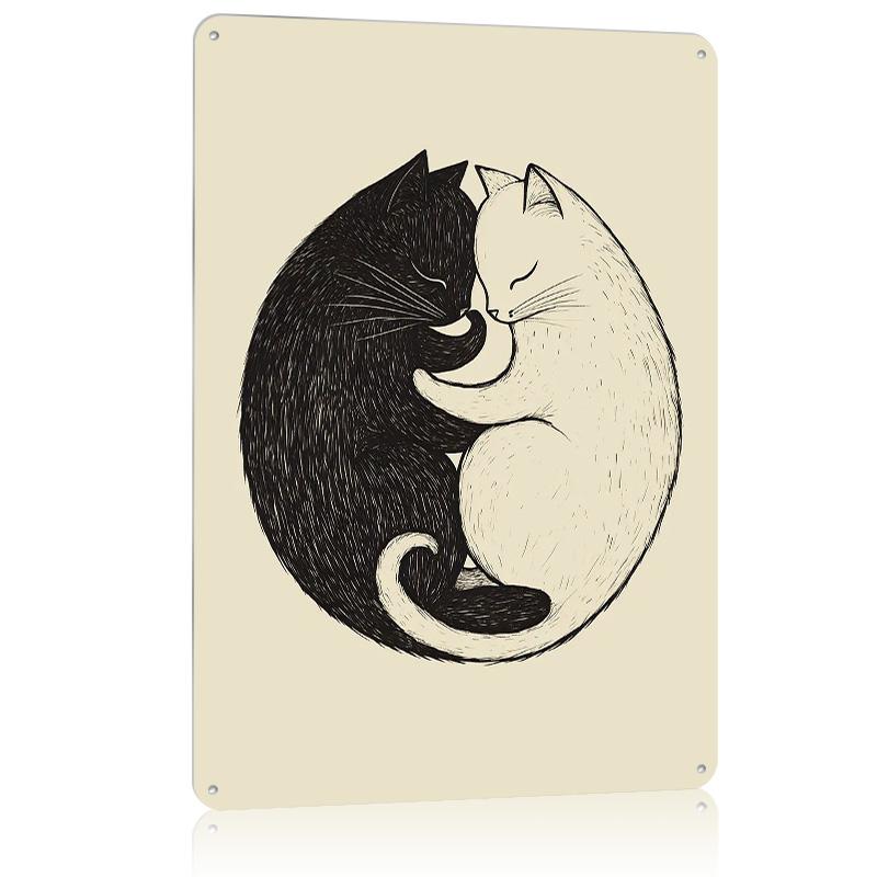 Yin Yang Cats Metal Poster Tin Sign Wall Art Vintage Decoration Living Room Customizable Metal Signs for Home Decoration Decor