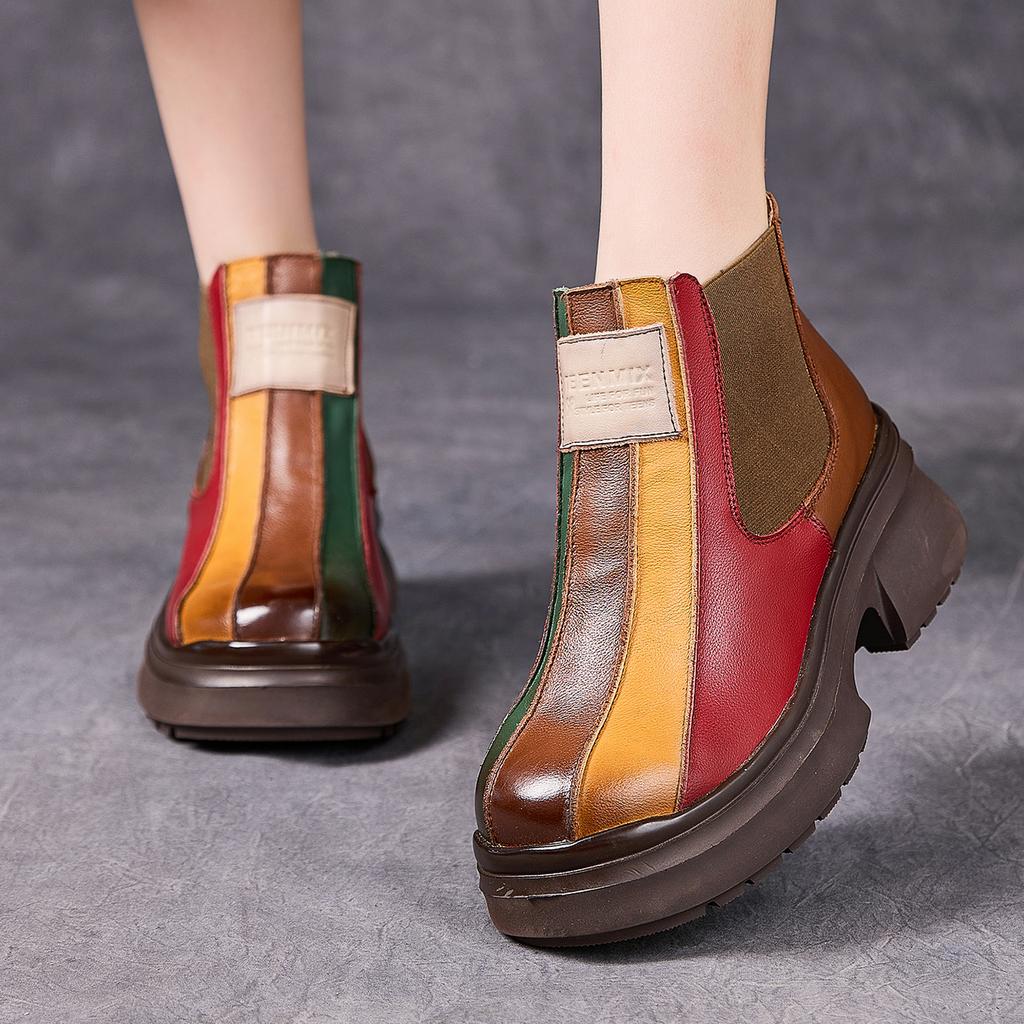 Fashion GKTINOO Autumn Winter Retro Women Genuine Leather Short Boots Square Heels Shoes Thick Sole Casual Ladies Platform Women's Boots