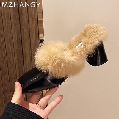Модные меховые женские тапочки из хлопка на высоком каблуке, модные новые элегантные туфли на толстой подошве 2025 года, зимние шлепанцы для вечеринок, туфли-лодочки, плюшевые зимние ботинки