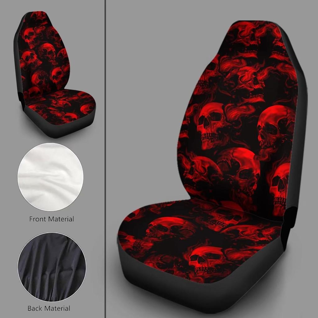 Red Gothic Flame Skull Pattern Auto Seat Cover, Thin Breathable Universal Car Front Seats Accessories Interior Decor 2 Pcs