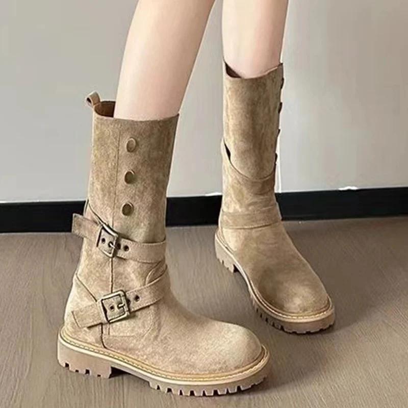 Замшевые толстые женские высокие сапоги дизайнерские туфли на среднем каблуке с пряжкой 2025 года, зимние туфли-лодочки в готическом стиле средней длины для мотоциклистов Botas De Mujer