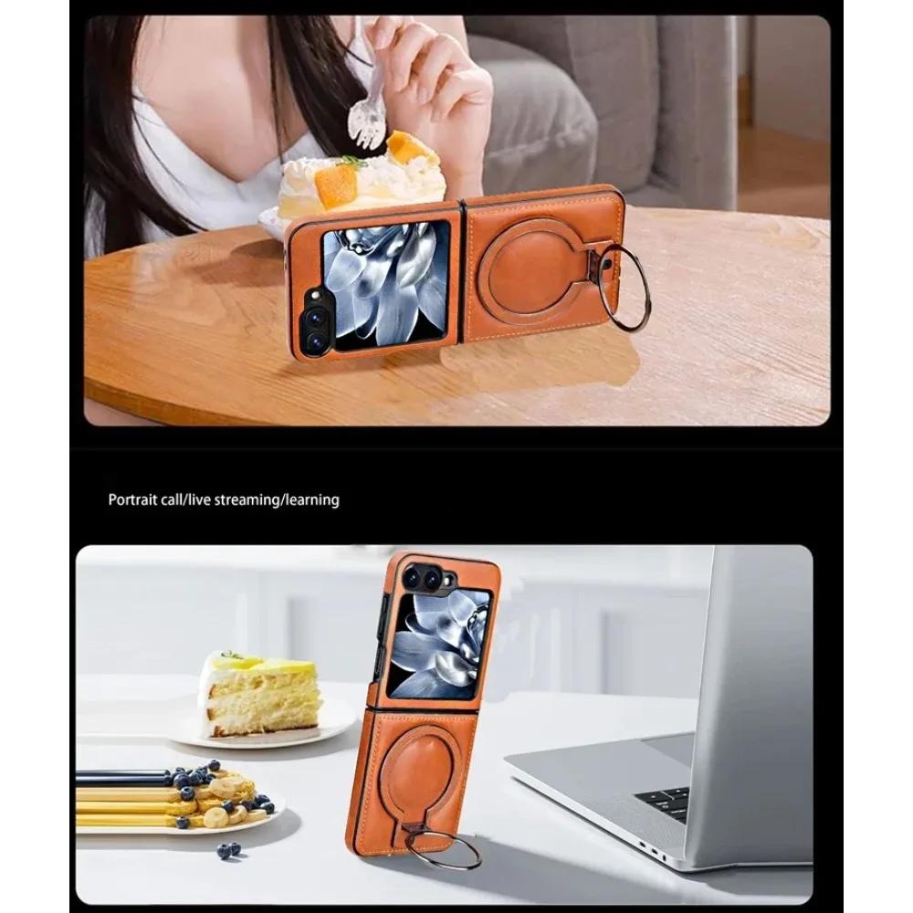 Премиальный кожаный магнитный складной чехол для телефона Samsung Galaxy Z Flip 7 FE 6 5 4 3 с защитой от падения, тонким металлическим кольцом-держателем, защитная крышка