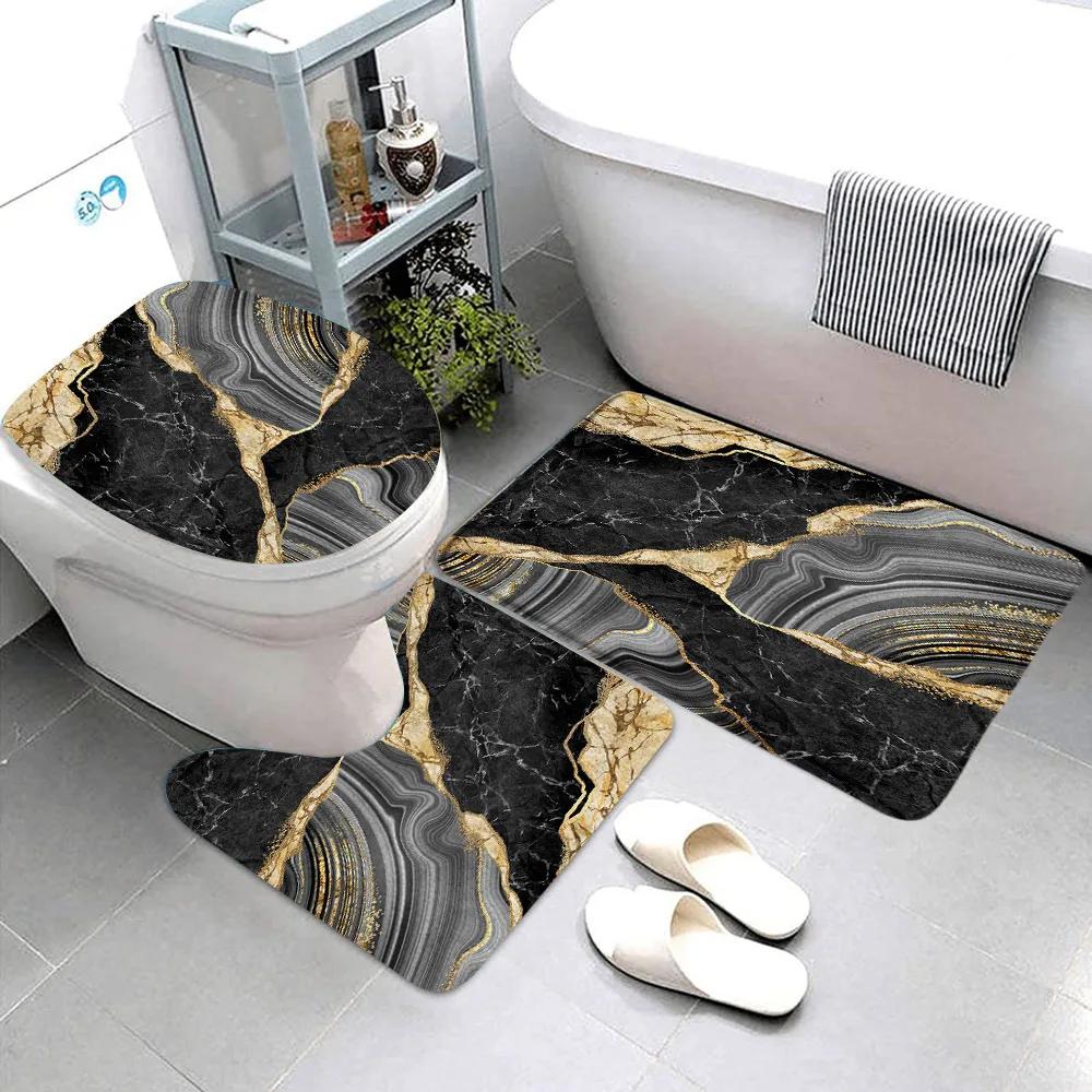 3pcs Sets Black Marble Bath Mats Gold Grey Lines Creative Abstract Geometric Art Home Bathroom Door Rug Anti-Slip Toilet Lid Mat