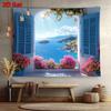 Coastal Home Decor Banner with Greek Island Window and Flowers