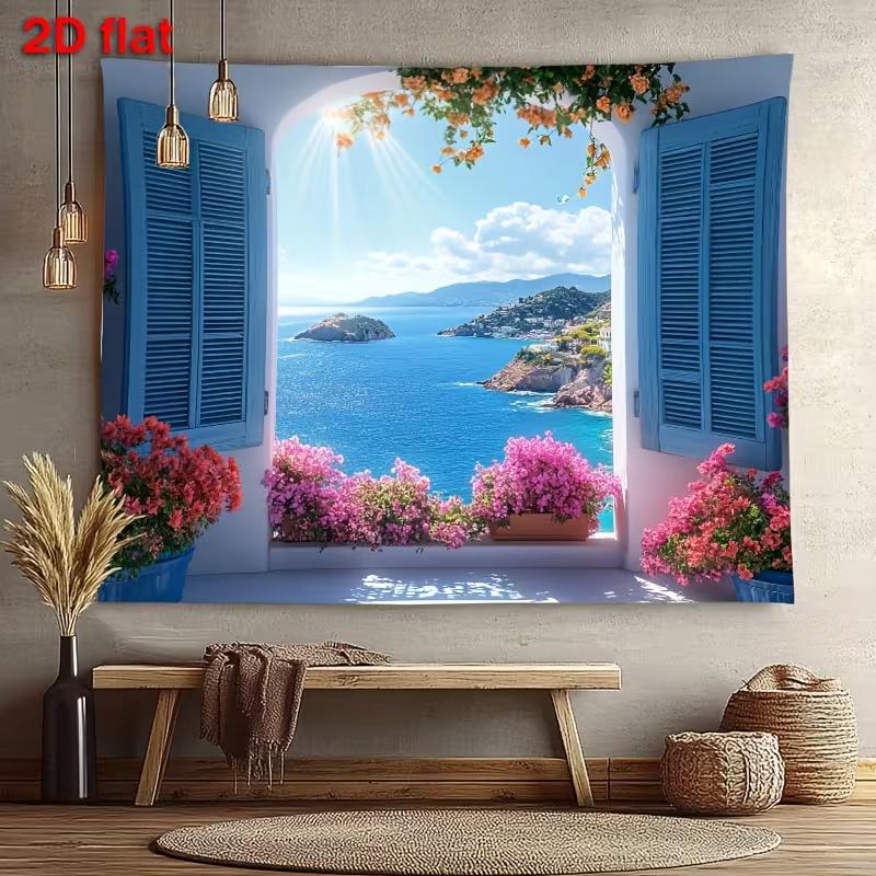 Coastal Home Decor Banner with Greek Island Window and Flowers