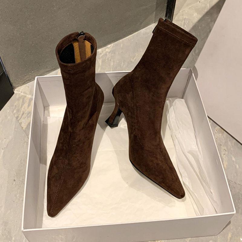 Brown Short Boots Women's High Heel Fine Heel Suede Pointed Rear Zipper New Winter Korean Version Elastic