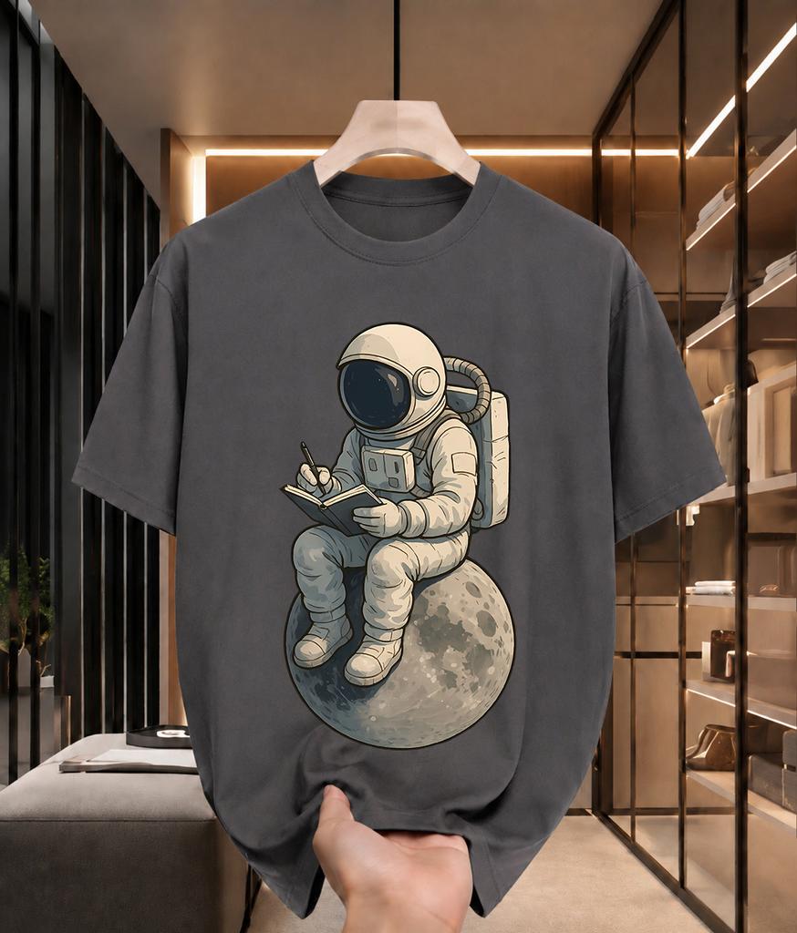 2026 New 100 Cotton Tshirt Astronaut Reading Book On Moon Cartoon Print Trendy Unisex Tee Casual Short Sleeve