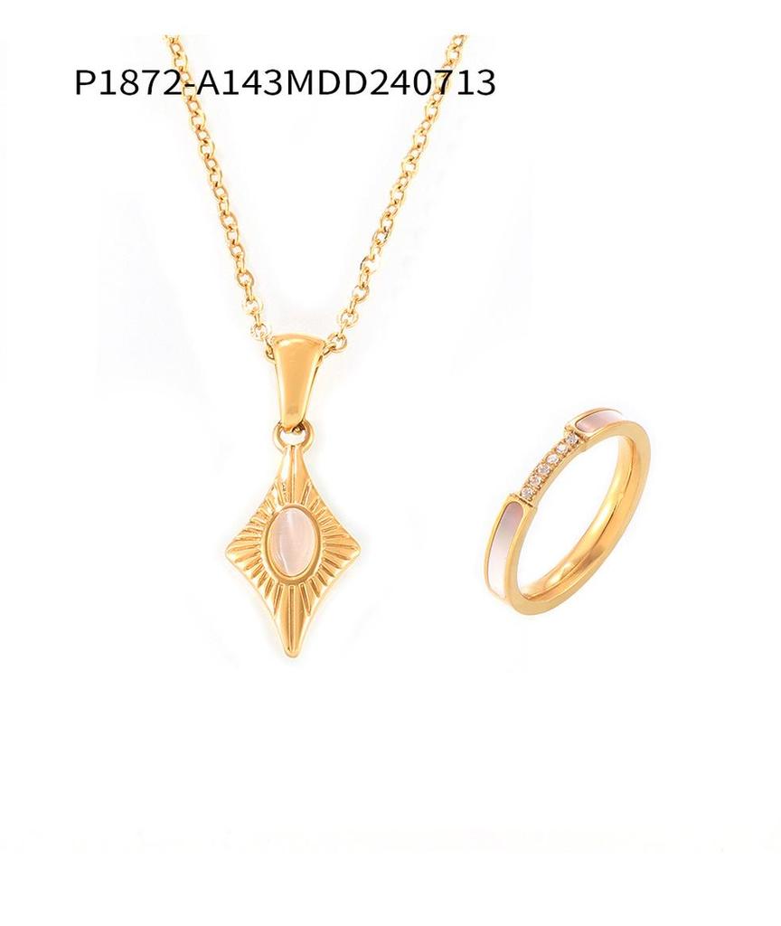 Four-Pointed Star Cat's Eye Stone Pendant & Seashell Ring Titanium Steel Clavicle Chain Set