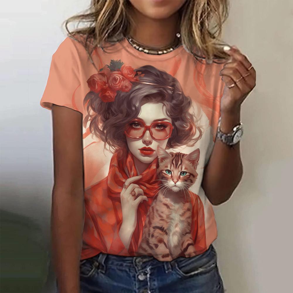 2024 Летняя мода 3D цветной принтованный мультфильм женская футболка уличная удобная свободная круглая горловина короткий рукав топ