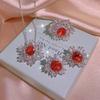 Garnet Encrusted Snowflake Necklace Chain Ring Ear Stud Jewelry Three Piece Set