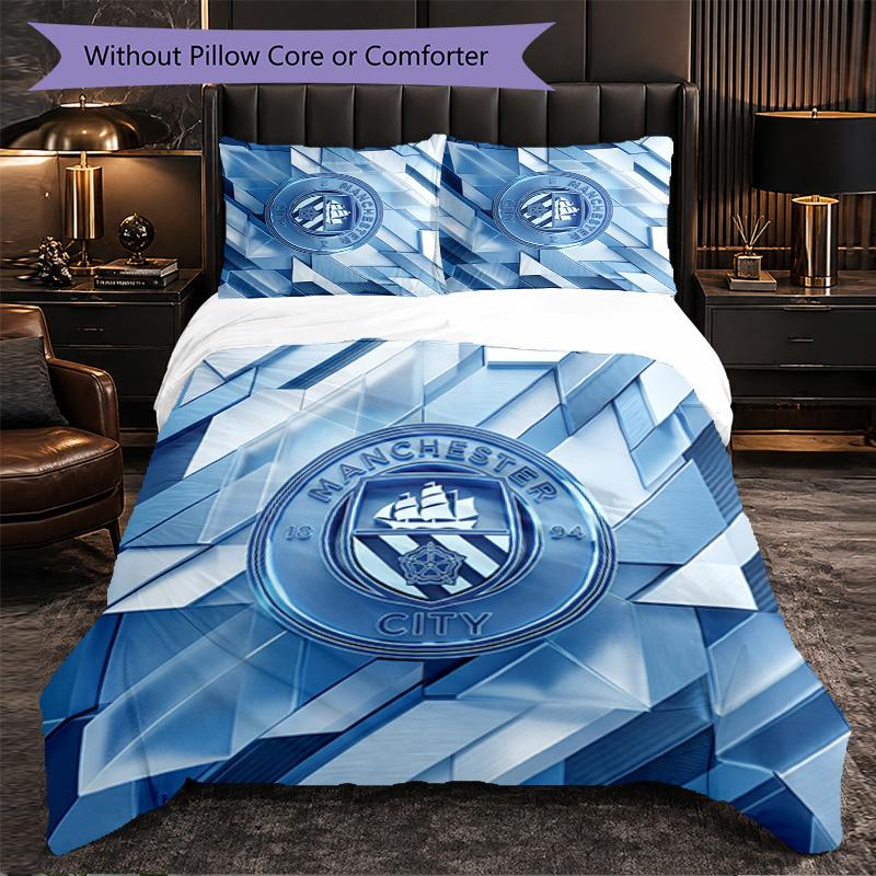 Manchester City Pattern 3 Pieces Bedding Set Soft Microfiber Duvet Cover with Pillow Cases for Bedroom