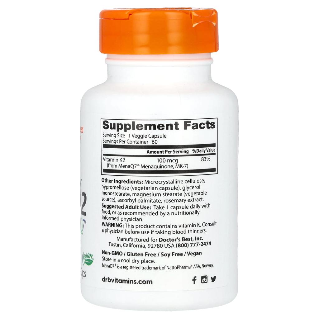 Doctor's Best, Natural Vitamin K2 MK-7 with MenaQ7, 100mcg, 60 Veggie Capsules