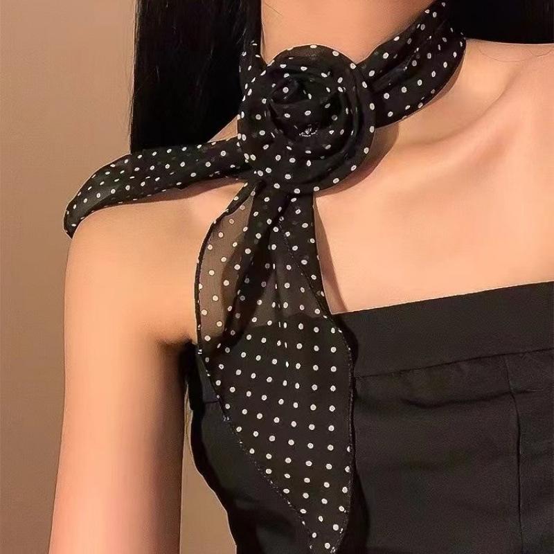 Korean version of black long polka dot rose silk scarf spring and summer thin atmosphere versatile niche scarf scarf scarf scarf