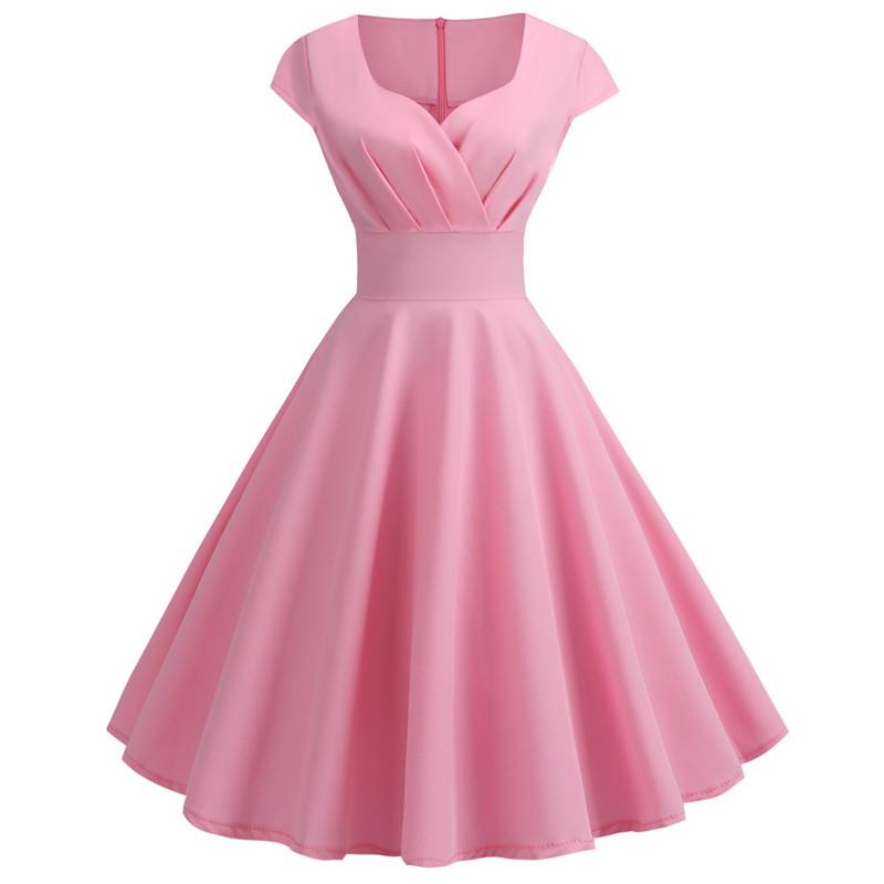 Pink Summer Dress Women V Neck Vintage Robe Elegant Retro Pin Up Party OffiAe Midi Dresses
