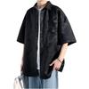 Short Sleeve Polyester Botanical Loose Plus Sizes Stylish Collared Korean Street Summer Japanese Front Longer Slightly Black X-cross Men's Shirt,