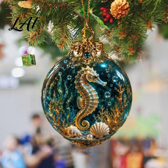 Ocean Lover Holiday Gifts Themed Christmas Ball Ornaments Light Up Clear Baubles with Jellyfish Turtle Octopus Decorative Orbs for Party Seahorse