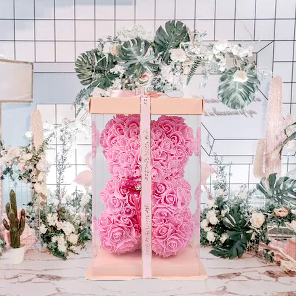 Медведь из роз Enhong, Никогда не Вянет, Мягкая игрушка, Украшение интерьера, День рождения, День святого Валентина, Рождество, Подарок на Новый год (С коробкой (розовый))