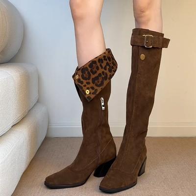 Ретро Складные Двухвариантные Сапоги с Высоким Голенищем, Пряжка на Ремне, Толстый Каблук, Ковбойские Сапоги в Западном Стиле, Женские Сапоги на Высоком Каблуке До Колена