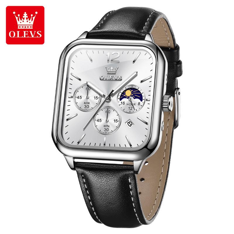 Square Quartz Men's Watch Three Eye Timer Moon Phase Automatic Date Waterproof Luminous Sports Watch