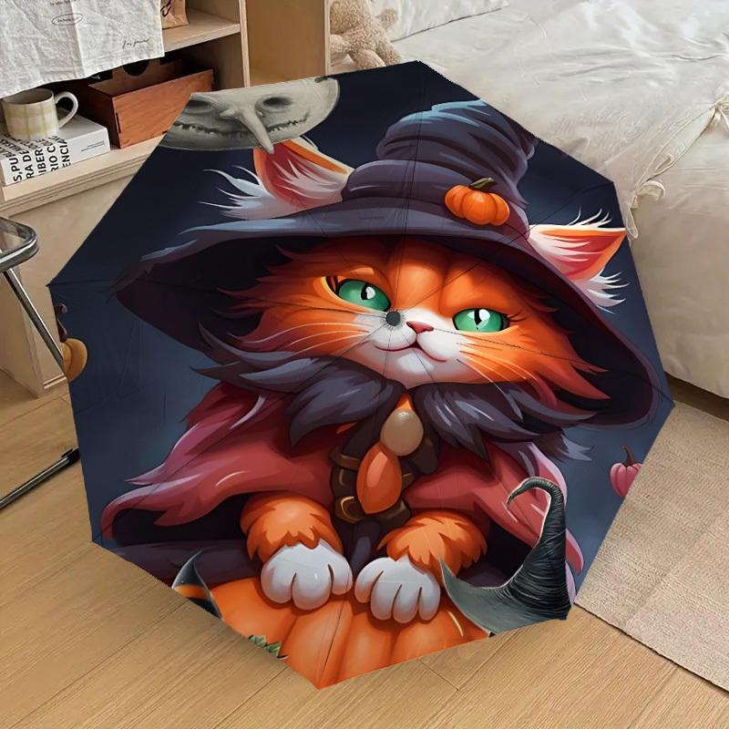 1PC Halloween Cat Automatic 8-Bone Folding Umbrella - Durable Polyester & Iron Frame,Userfriendly Operation y250929113