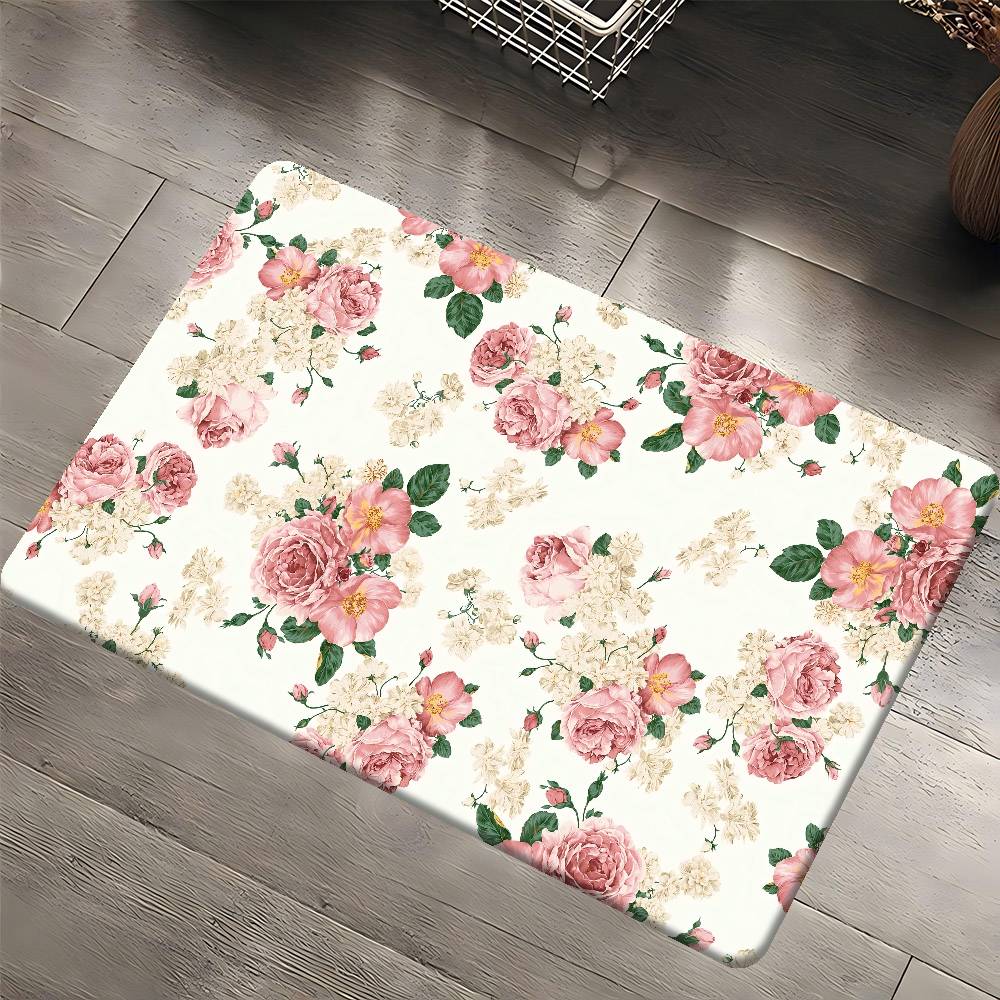 Rani Pink Flower Pattern Floor Mat Rectangle Anti-slip Home Soft Badmat Front Door Indoor Outdoor Mat Hotel Decor Mat