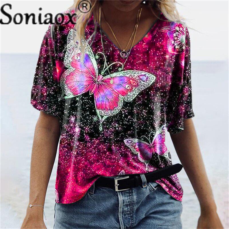 2022 Летняя женская рубашка с коротким рукавом и V-образным вырезом с принтом бабочки 3D, хлопковая футболка, топ больших размеров, повседневная свободная уличная одежда
