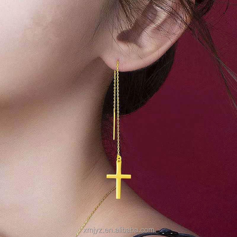 Plated Vietnam Sand Gold Cross Long Tassel Line Temperament Welfare Fashion Popular Ear Buckle Jewelry Earrings Small Fresh