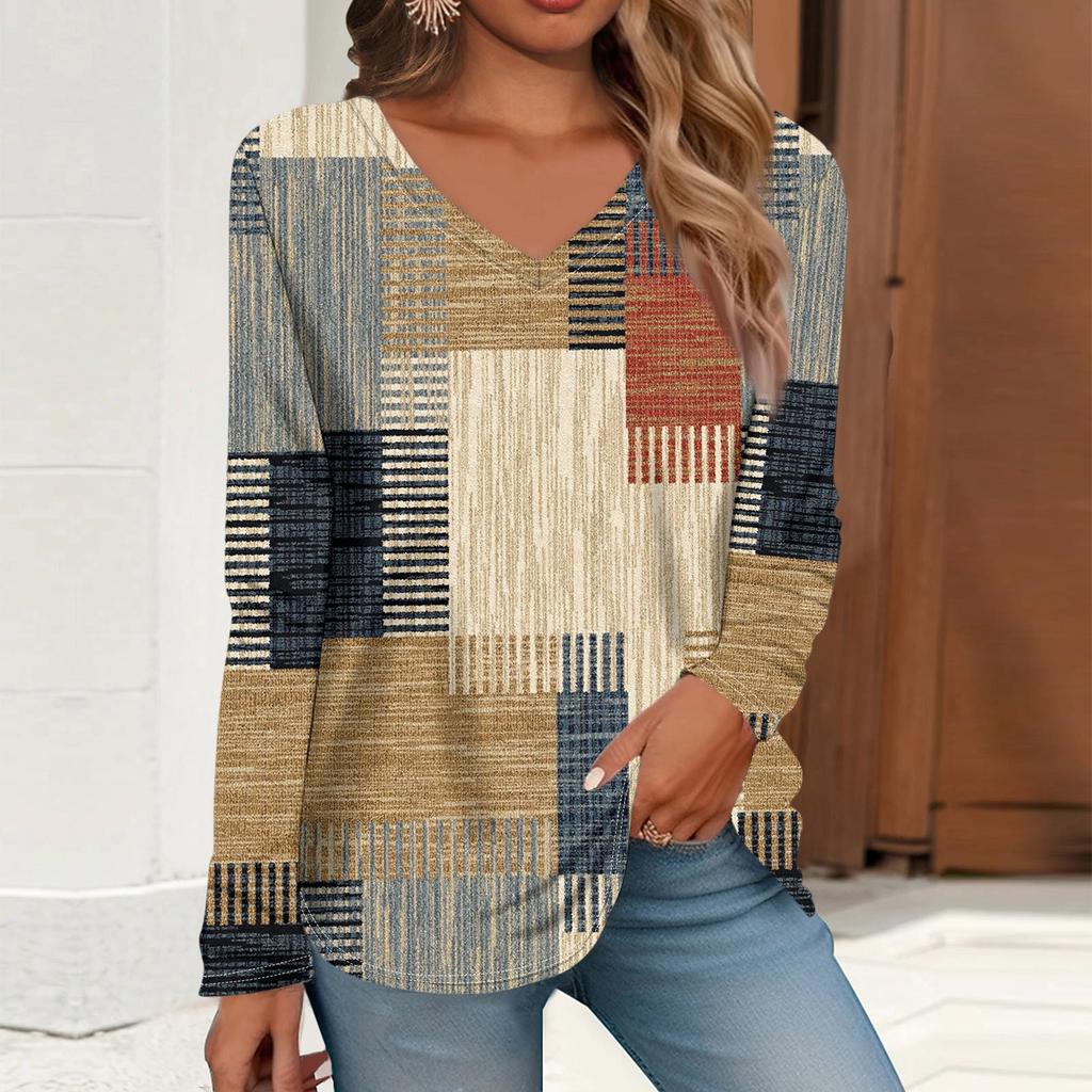 Women's T Shirt Retro Print Long Sleeve Daily Weekend Daily Basic V Neck Regular  Fall Winter Tops