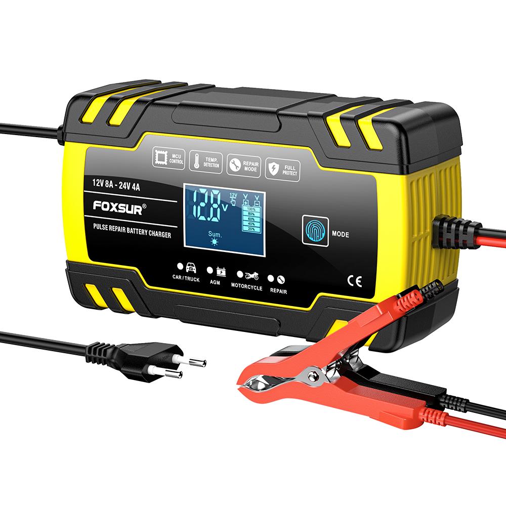 12V/8A 24V/4A Полностью автоматическое автомобильное зарядное устройство Импульсный ремонт FOXSUR Автомобильный грузовик AGM Свинцово-кислотный ЖК-дисплей Автоматическая зарядка аккумулятора FBC122408D