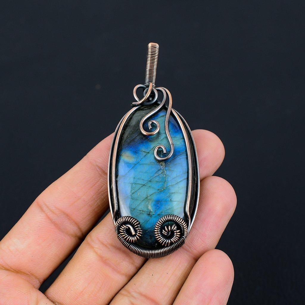 Лабрадорит Драгоценный камень Чистая медная проволока Обернутая ювелирная подвеска ручной работы