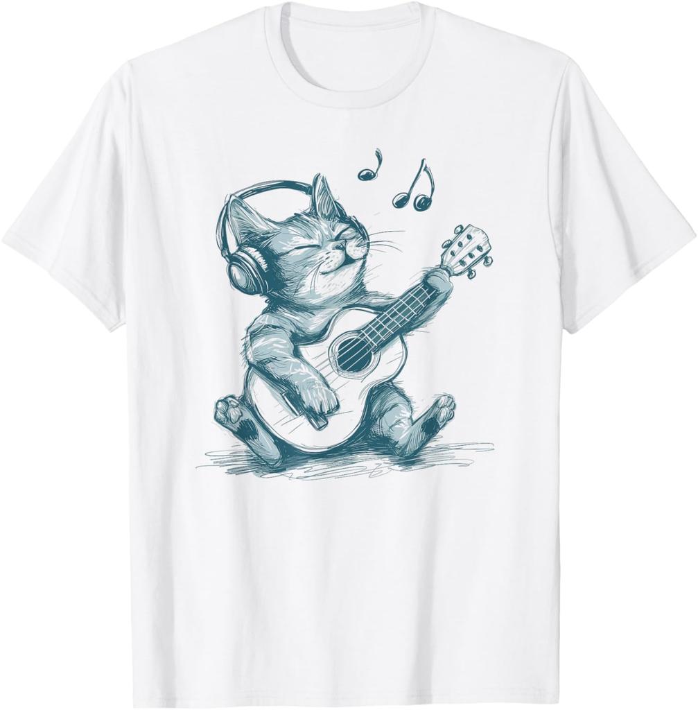 Funny Guitar Cat Rock Humorous Kitty Lover Cat Playing Guitar TShirt Graphic cotton Cute Musical Rock Comics Kitten Outfits Gift