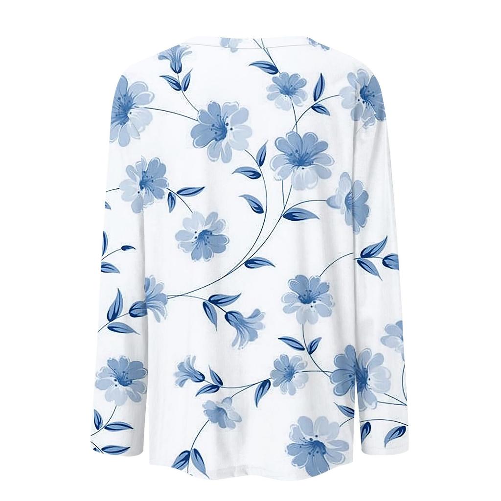 Женская мода повседневный топ с длинным рукавом с цветочным принтом и круглым вырезом
