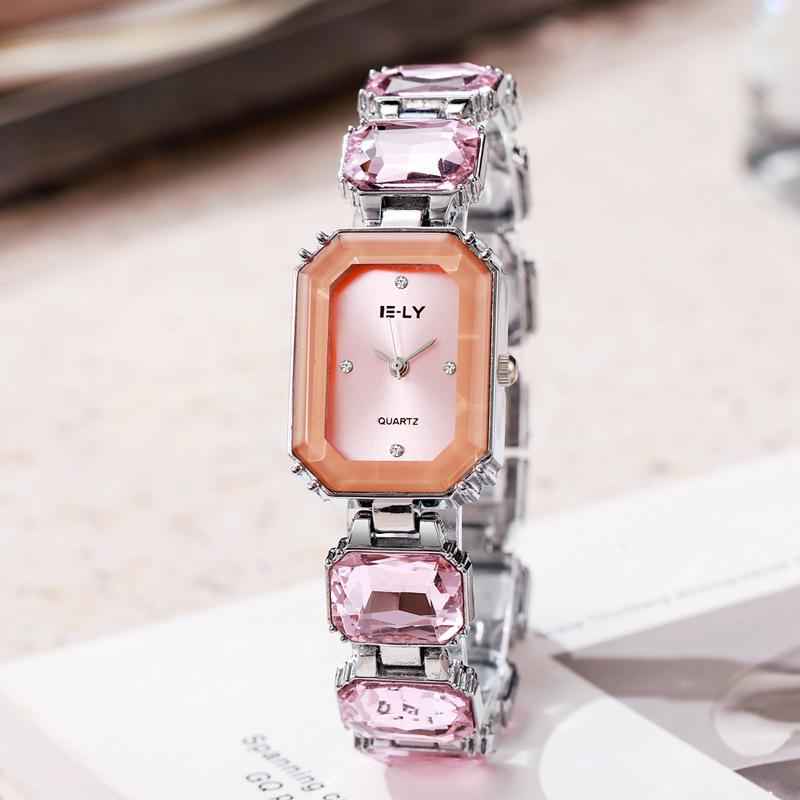 Chic Women's Colorful Gemstone Steel Band Square Watch