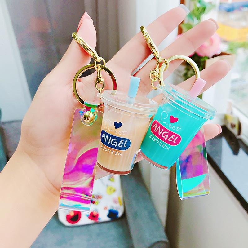 Cute Mini Pearl Milk Tea Keychain Adorable Acrylic Cartoon Style Keyring Accessory