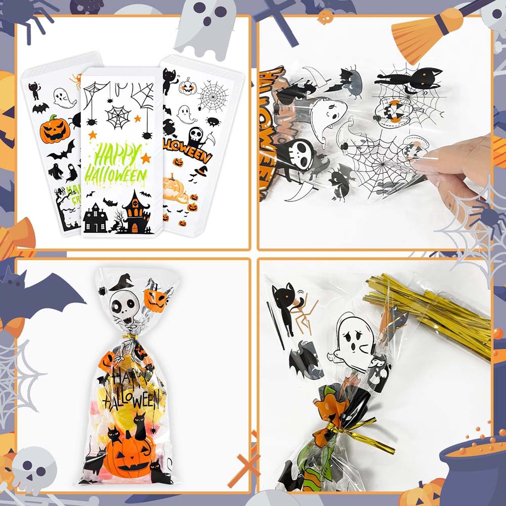 100 шт. целлофановых пакетов на Хэллоуин, прозрачный целлофановый пакет, подарочные пакеты для сладких конфет с завязками для вечеринки на Хэллоуин