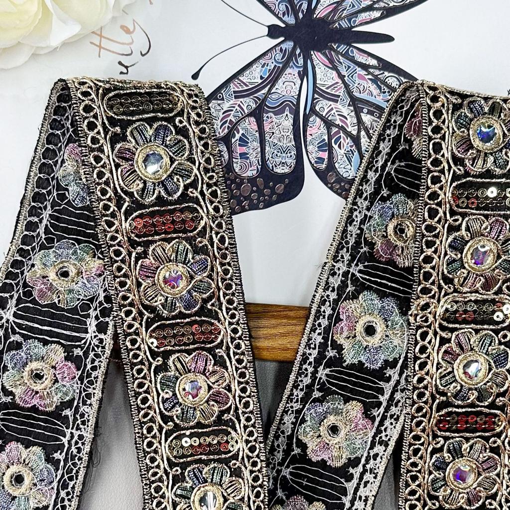 4.5Cm National Style Retro Embroidery Webbing Ancient Clothing Hanfu Western Regions Ethnic Style Barcode Gold Silk Rope Clothing Lace