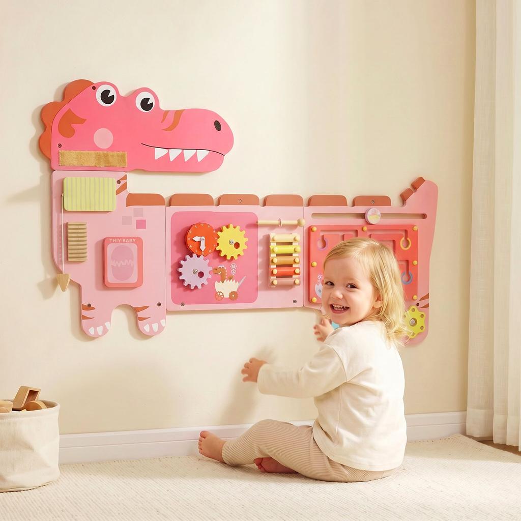 Busy Board Panels Wall Mounted Montessori Inspired Busy Board Toddler Learning Centre Dinosaur Theme Pink