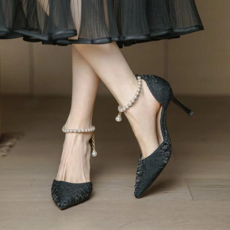 Size35-40Pearls Strap High Heels Lace Women White Wedding Shoes Stiletto Heel Point Toe Bride Bridesmaid