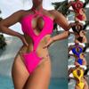European and American Women Sexy Solid Color One-Piece Swimsuit Cut Out Monokini Front Cross Swimwear Backless Bikini Fashion Chain Bathing Suit