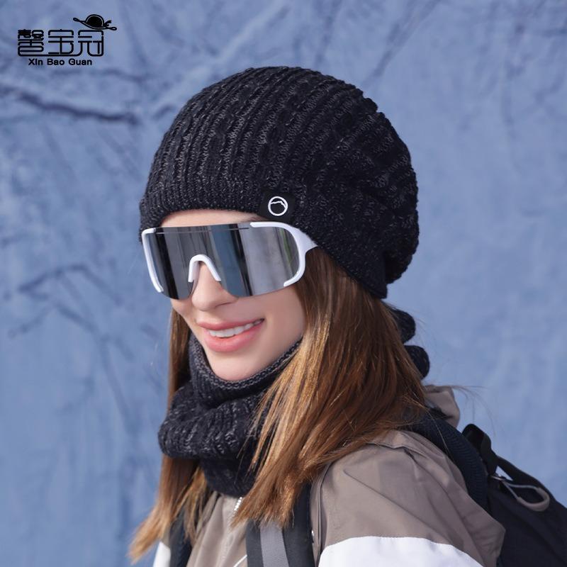 Winter Outdoor Warm Hat Scarf Two-piece Set Fleece Ear Protector Pullover Hat Women's Cold-proof Knitted Wool Hat