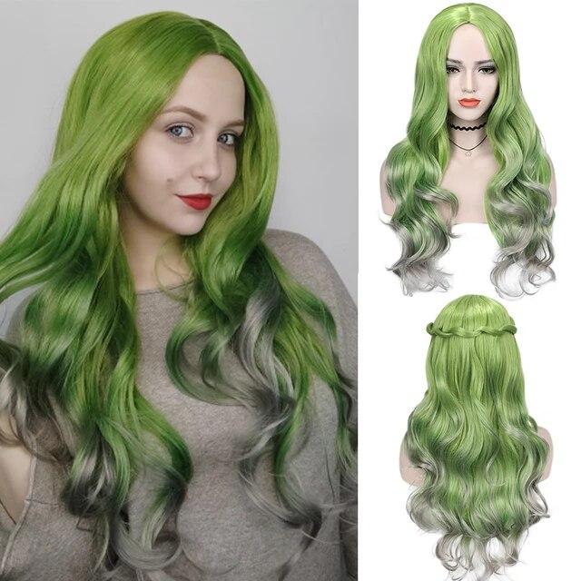 Long Wavy Wigs Ombre Gray To Watermelon Red Black Grey Purple Blue Brown Synthetic Hair For Black White Women Cosplay Party