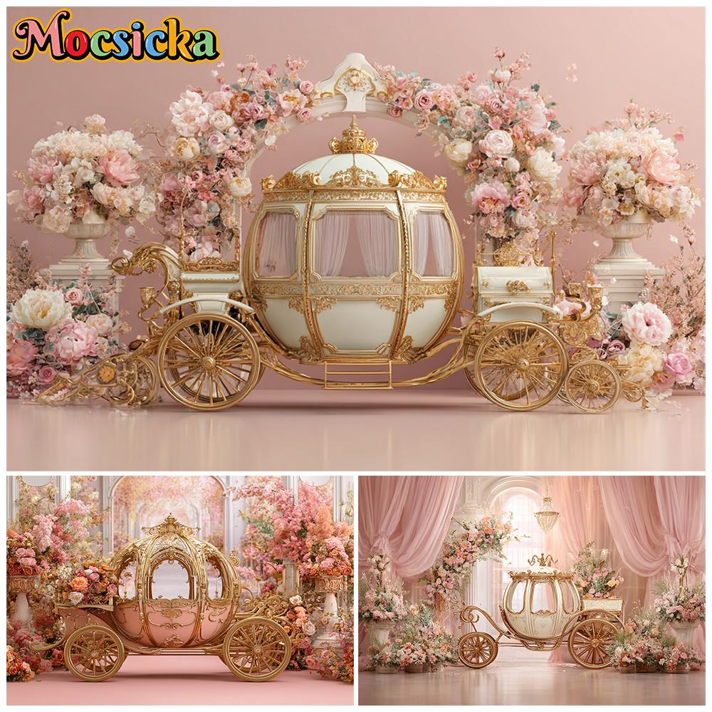 Mocsicka Wedding Photography Background Spring Flowers Golden Pumpkin Carriage Decorations Newborn Photo Backdrops Studio Banner