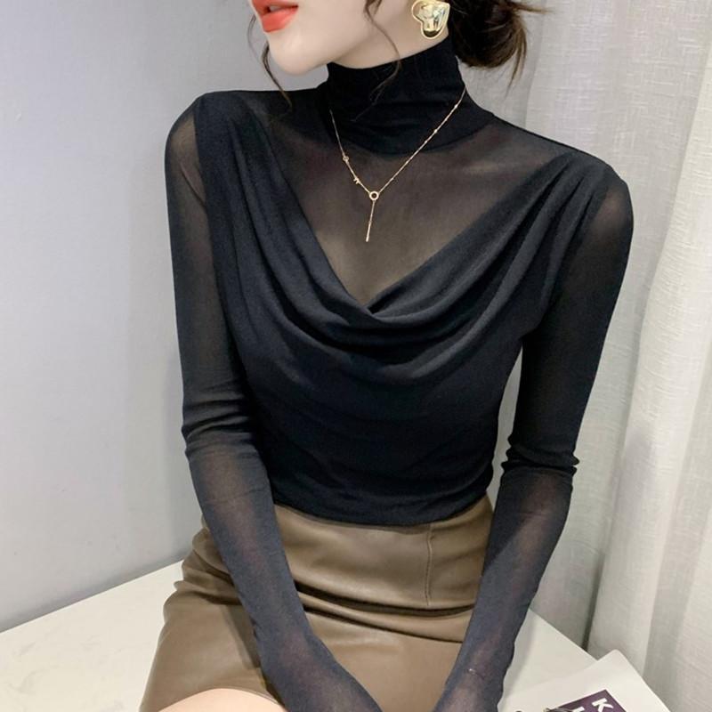 Корейский сетчатый принт Four Seasons of High-neck Mesh Long Sleeves Tops Женская футболка Outside Slim Fall Bottoming Shirt