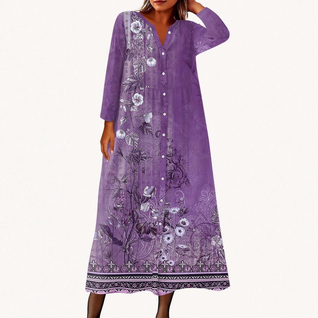 Women's Fashionable Printed Round Neck Seven Quarter Sleeve Button Loose Shirt Dress