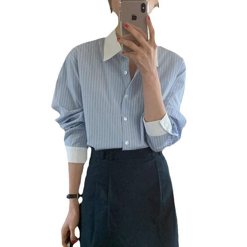 Весенняя нишевая темпераментная цветная лацкановая свободная повседневная универсальная рубашка с длинными рукавами в полоску блузка женская удобная модная женская одежда