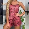 Женский пижамный комплект из 2 шт./компл., с круглым вырезом, без рукавов, с сердечным принтом, на бретелях, эластичный топ с высокой талией и гофрированными краями, шорты свободного покроя, домашняя одежда, жилет, шорты, комплект