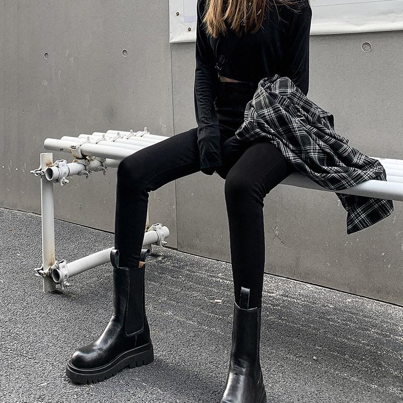 Джинсовые леггинсы большого размера с флисовой подкладкой и высокой талией для женщин - Весна/Осень Стройнящие Эластичные Скинни Брюки