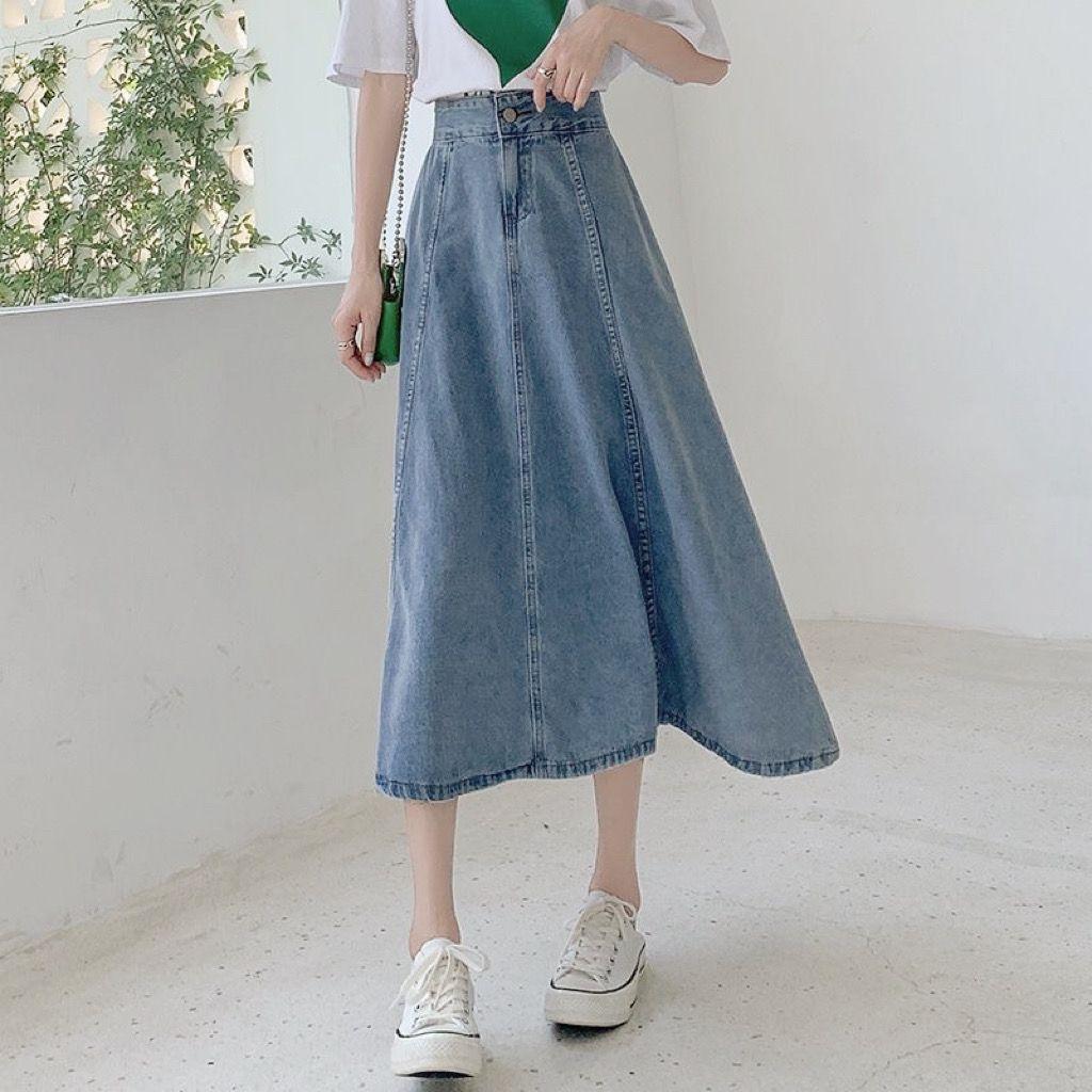 Весна Осень Женская Мода Повседневная Джинсовая Юбка с Высокой Талией Миди А-силуэта