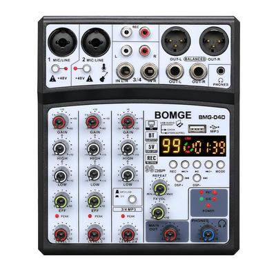 BOMGE 4-канальный аудиомикшер DJ-консоль со звуковой картой, 99 DSP эффектов эха, для караоке, MP3, USB, Bluetooth, стерео, запись, фантомное питание 48 В, питание 5 В (кипа