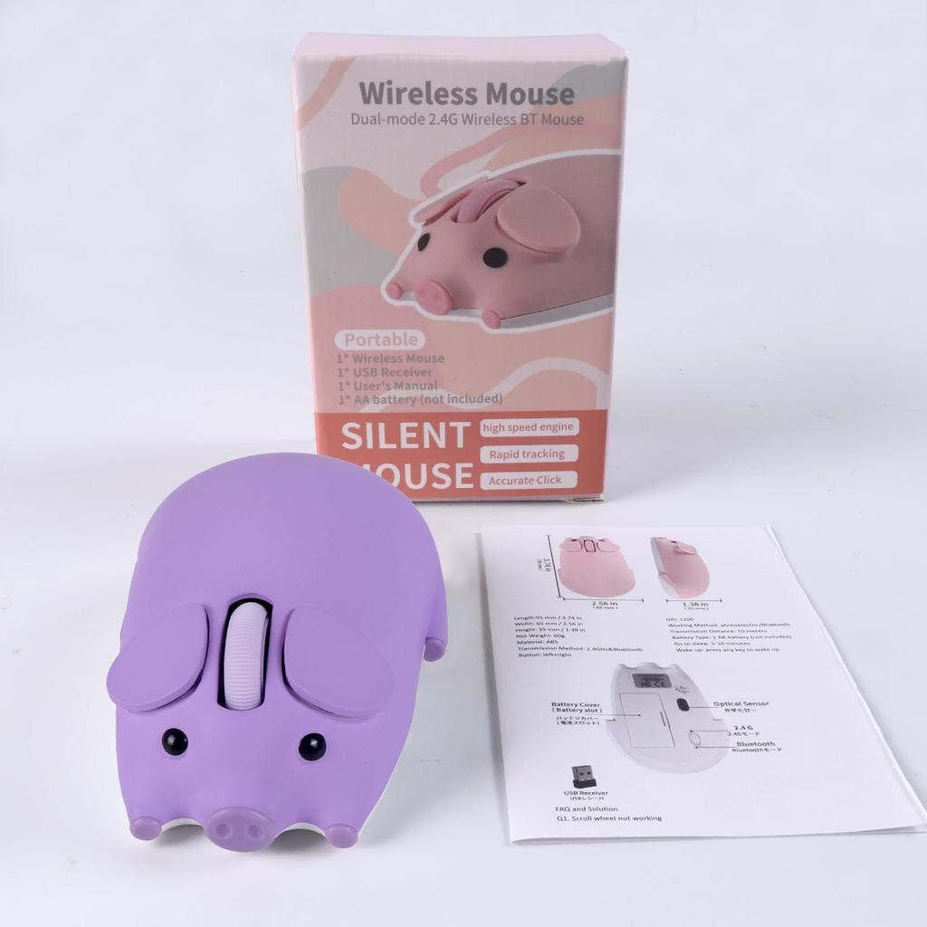 Cute, Quiet, 2.4GHz Wireless Bluetooth Mouse In a Piglet Design. Connects To Two Devices Simultaneously. Cordless with USB Receiver. Compatible with